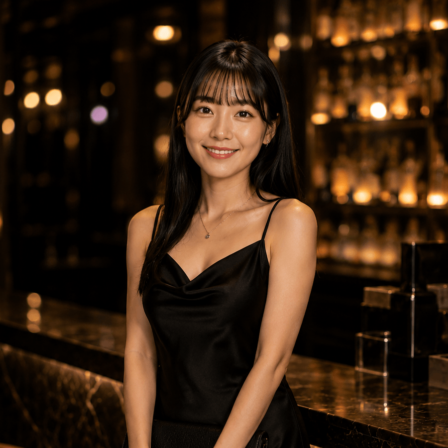 Smiling club hostess in a black slip dress at a marble bar